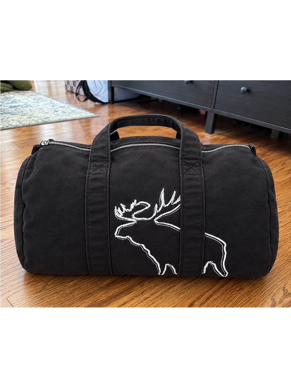 Abercrombie & Fitch Black Duffel Tote with White Moose Outline